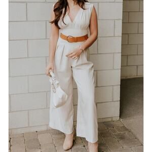 NEW Mustard Seed Beige V-Neck Belted Waist Sleeveless Wide Leg Jumpsuit Small
